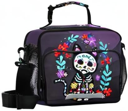 Cat Sugar Skull Lunch Bag Insulated Lunch Box Cooler Cooling Tote Food Container for Adults Men Women