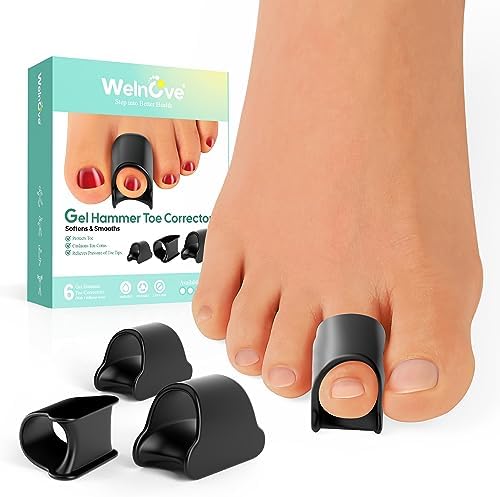 Welnove Hammertoe Corrector - 6 Pack Toe Splints - Soft Gel Toe Straighteners - Realign Bent, Curled, Crooked, Claw, Hammer Toes - Toe Corrector for Men and Women, 3 Different Sizes (Black)