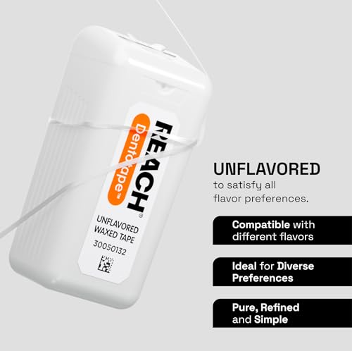 REACH Dentotape Waxed Dental Floss Tape, Unflavored, Extra Wide Floss, Shred & Frey Resistant, Plaque Remover for Teeth, Easy on Gums & Teeth, Oral Care, PFAS Free, for Adults & Kids, 6 Pack, 100 yd