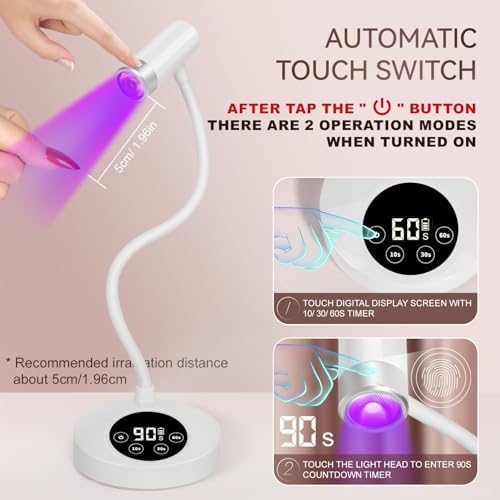 AORAEM UV LED Nail Lamp, Rechargeable Gooseneck Lamp for Gel x Nails 12W Quick Dry LED Nail Light Nail Dryer with 4 Timers & Auto Sensor, Professional Flash Cure Light for Gel Nails Home DIY White