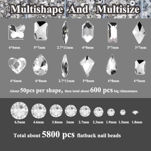 6400Pcs Silver Clear Nail Rhinestones 600Pcs, Multishapes Big Nail Gemstones +5800Pcs 1.5-6.5mm Flat Back Round Crystal Beads with B7000, Nail Decals, Multsize Flat Back Glass Stones for DIY Art