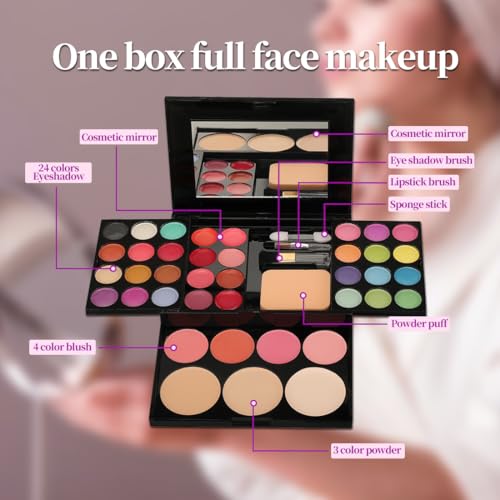 Beauty Full Face Palette Makeup Kit 24 Color Eyeshadow Palette, 8 Lip Gloss, 4 Blush, 3 Dual Powder, with Brushes & Mirror | Travel Friendly Professional Cosmetic Set with Shimmer Shades