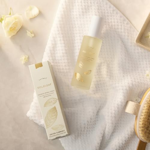 Thymes Daily Shower Spray for a Spa Like Experience - Home Essentials - Mist Scented with Jasmine, Rose, Hyacinth, Lily of the Valley & Oak Moss (Goldleaf Shower Spray, 3.4 fl oz)