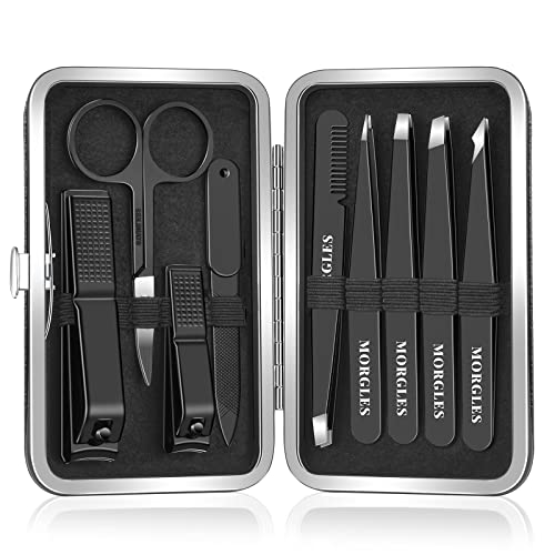 MORGLES Tweezers Set and Nail Clippers, 9 Pcs Stainless Steel Tweezers Kit for Men Professional Manicure Set for Men Grooming Kit with Leather Travel Case