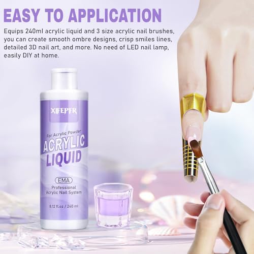 Monomer Acrylic Nail Liquid 8.12fl.oz with 3 Size Acrylic Brushes for Acrylic Powder, MMA-Free Non-Yellowing EMA Monomer Liquid for Acrylic Nail Extension & Carving, DIY Home & Nail Salon Use