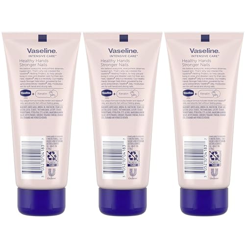Vaseline Lotion, Healthy Hands Stronger Nails with Keratin 3-Pack – Intensive Care Hand Lotion with Petroleum Jelly, 3.4 Oz Ea