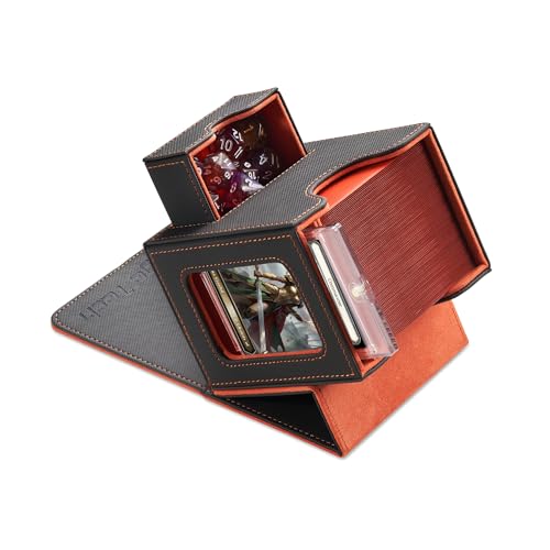 Mage Tech Card Deck Box for MTG Commander - Patented Design, Commander Display, Fits 100 Double-Sleeved Cards, 35pt Card Brick & Dice Tray - Grey/Orange
