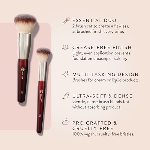 BK BEAUTY - LARGE BUFFER & ROUND FOUNDATION (2PC) - Professional Makeup Brush Set for Liquid or Cream Foundations, Powder & Blush | Premium Face Brushes for Flawless Application