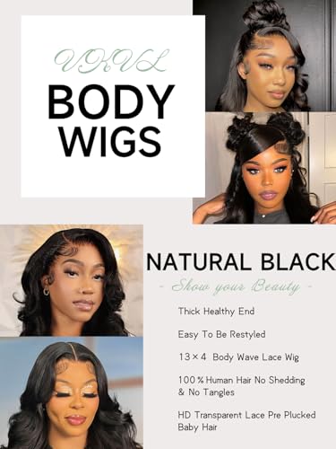 28 Inch Body Wave Lace Front Wigs Human Hair Pre Plucked 13x4 HD Lace Frontal Wigs Human Hair 200 Density Glueless Wigs Human Hair with Baby Hair Natural Black
