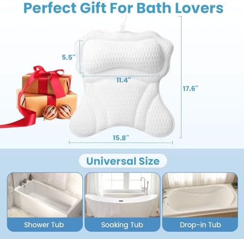 Bath Pillows for Tub, Bath Pillow Luxury Bathtub Pillow for Head and Neck Support, Soft 4D Air Mesh Bath Tub Pillow with Non Slip Suction Cups, Laundry Bag, Spa Gifts Bathtub Accessories for Women Men