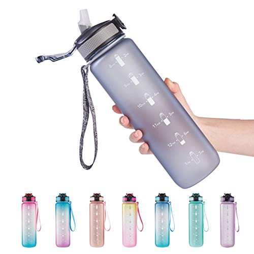 EYQ 32 oz Water Bottle with Time Marker, Carry Strap, Leak-Proof Tritan BPA-Free, Ensure You Drink Enough Water for Fitness, Gym, Camping, Outdoor Sports (Gray)