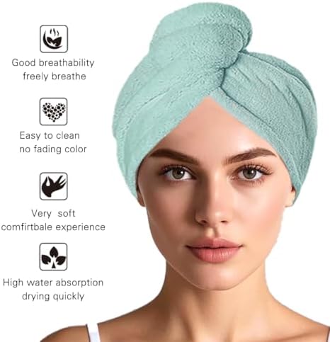 2 Packs Single Layer Microfiber Hair Turbans - Drying Wrap for Women (Blue,Light Green)