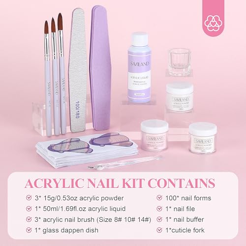 SAVILAND Essentials Acrylic Nail Kit Starter: Acrylic Nail Kit for Beginners with Everything White Pink Clear Acrylic Powder and Liquid Set #8/10/14 Nail Brush Forms Manicure Tools Home Nail Salon DIY