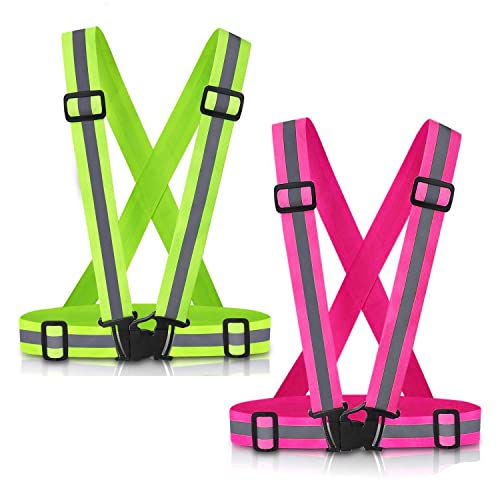 SAWNZC Reflective Vest Running Vest 2Pack, High Visible Reflective Gear for Nighttime Running Biking Motorcycle Dog Walking, Adjustable Safety VES fits Men Women Kids (Green-Pink)