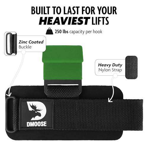 DMoose Weight Lifting Hooks (Pair), Hand Grip Support Wrist Straps for Men and Women, 8 mm Thick Padded Neoprene, Deadlift, Powerlifting, Pull up bar, Liftups, Shrugs (Green (Flat Hook))