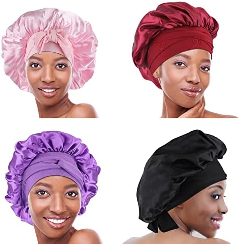 2Pack Bonnet with Tie Band, Satin Silk Bonnet for Sleeping, Sleep Bonnets for Women, Large Sleep Cap for Braids Curly Hair