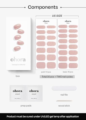 ohora Semi Cured Gel Nail Strips (N Pink Wonderland) - Pink, Solid, Works with Any UV/LED Lamps, Salon-Quality, Long Lasting, Easy to Apply & Remove - Includes 2 Prep Pads, Nail File & Wooden Stick