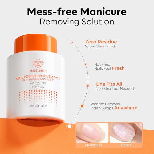 Modelones Acetone-Free Non-Drying Nail Polish Remover Pot with Jojoba Oil and Extra Sponge-Top Lid, Fingernail Polish Removal Gentle Formula for Salon & Home Nail Art 2.71 Fl Oz