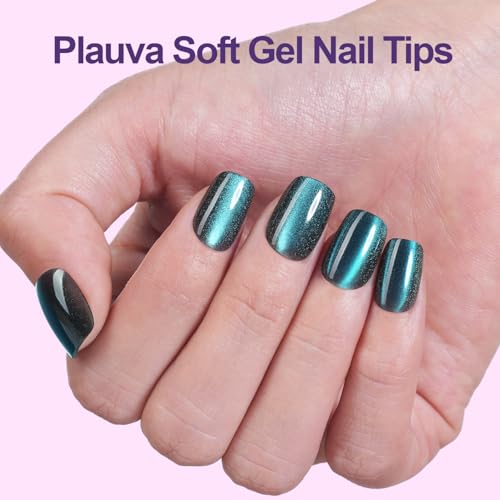 300Pcs Cat Eye Press on Nails Short Square, Plauva Soft Gel Fake Nails, Glossy Glitter Cat Eye Nail Tips for Women and Girls Stick On Nails in 15 Sizes