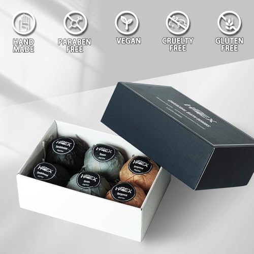 Bath Bombs, HZEX 6 Large Natural Luxury Charcoal Bathbomb Fizzes for Men Women, Organic Bath Bomb with Essential Oils and Shea Butter, Stress Relief and Relaxation, Detox with Charcoal Bathbombs