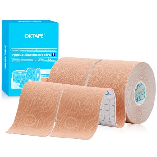 OK TAPE PRO Kinesiology Tape, 2inch x Long Roll 16ft Free Cut Tape, Elastic Athletic Tape Therapeutic Latex Free, 2 Rolls Beige+Beige