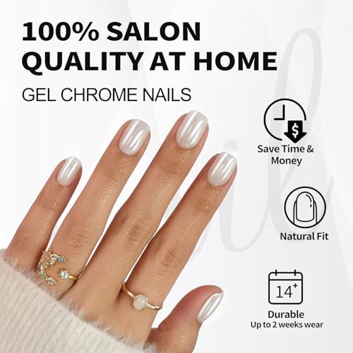 Pearl White Press on Nails Short - Soft Gel Chrome Press on Nails Square for Women Gift, Glossy Glue on Nails in 16 Sizes - 32 Reusable Fake Nails with Glue, Pearl White