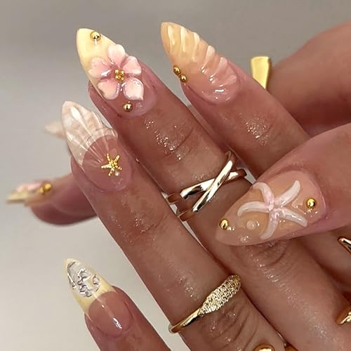 30Pcs Summer Press on Nails Almond Medium Fake Nails with 3D Flower Starfish Design Gold Bead Handmade Acrylic Nails French Tip Nails Artificial Nails Full Cover Glue on Nails for Women