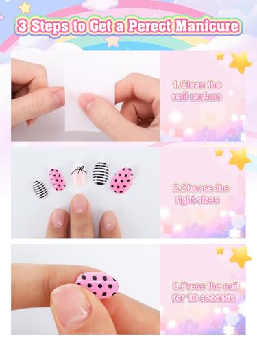 144 Pieces Press on Nails for Kids, EBANKU 6 Pack Kid Fake Nail Cute Colorful Press on Nails for Girls 5-12 Years with Pre- Adhesives