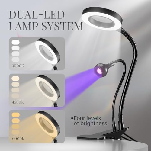 krofaue UV Nail Lamp for Gel X - Flash Cure Lamp Dual-Light Gel X UV Light with 6× Magnifier 4-Levels Brightness Nail Dryer for Regular Polish, Desk Clip Salon-Perfect Manicures at Home Black