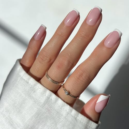 Glamnetic Press On Nails - Classy French | Medium Square Fake Nails, Trendy Micro French Tip, Reusable | 15 Sizes - 30 Nail Kit