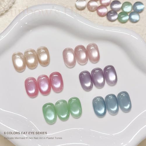 GAOY Sheer Silk Cat Eye Gel Nail Polish Set, 6 Colors Jelly Pink Blue Green Holographic with Magnet, for Salon Manicure & Nail Art DIY at Home, Mermaid Prism