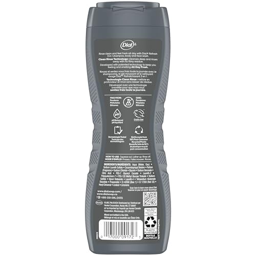Dial Men 3in1 Body, Hair and Face Wash, Hydro Fresh, 16 fl oz, Pack of 6