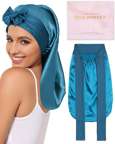 AWAYTR 100% Mulberry Silk Bonnet - Long Hair Cap for Sleeping Tie Band Bonnet for Braids Curly Hair