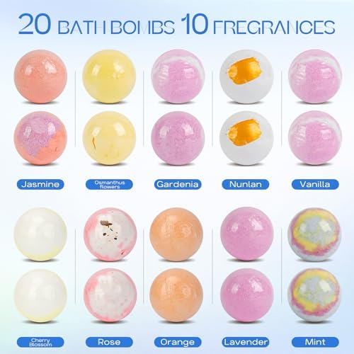 Bath Bombs 20 PCS Set, Organic Bath Bombs with Natural and Safe Essential Oil, Handmade Rich Bubble for Skin Moisturizing, Present for Her/Him, Girls, Women, Wife, Mother