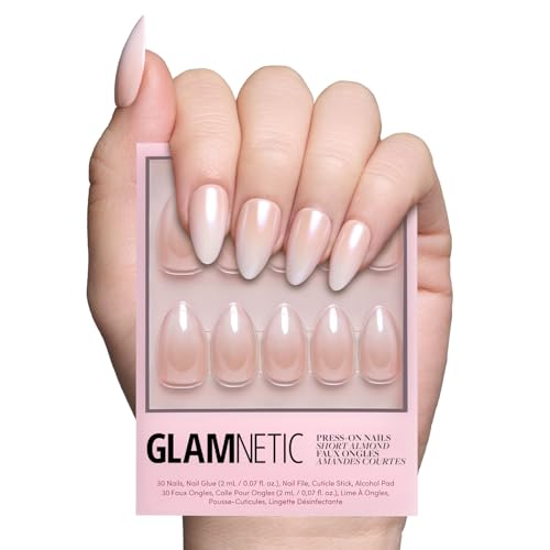Glamnetic Press On Nails - Fiancéd | Short Almond Fake Nails with a Nude Ombré for Weddings, Glossy Glazed Finish, Reusable | 15 Sizes - 30 Nail Kit with Glue