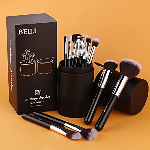 BEILI Makeup Brushes 12pcs Makeup Brushes Set with Holder Premium Synthetic Kabuki Foundation Brush Blending Blush Concealer Full Face Makeup Brushes Kit With Gift Box(Black)