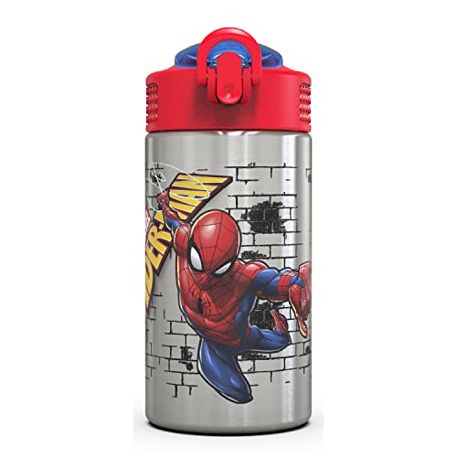 Zak Designs Stainless Steel One Hand Operation Lid and Built-in Carrying Loop Water Bottle with Straw Spout is Perfect for Kids (15.5 oz, BPA Free), 1 Count (Pack of 1), Spiderman