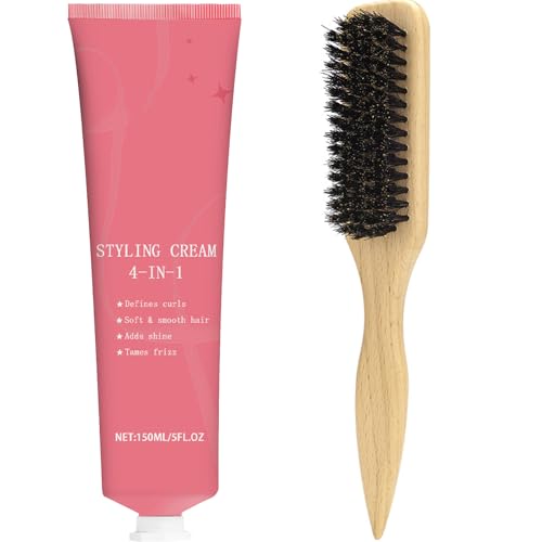 Styling Cream & Slick Back Hair Brush Set for Flyaways, Curl Defining, Smoothing & Sleek Styles – Non-Greasy Hair Tamer Cream with Boar Bristle Brush for Women & Kids, Add Shine, Baby Hairs