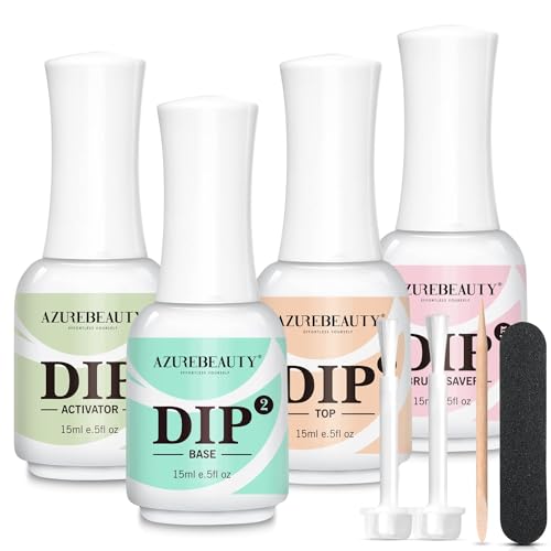 AZUREBEAUTY 4+4pc Dip Powder Liquid Set, 15ml/0.5oz, with Base/Top Coat, Activator, Brush Saver, Nail File– Fast Drying Formula, No UV Light Needed ﻿