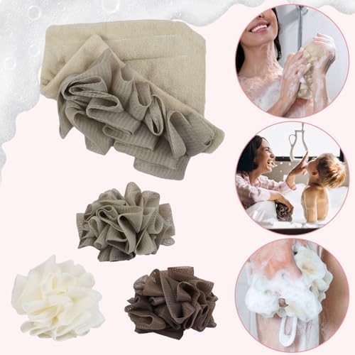 3pcs Leeffa Loofah Washcloth, 2-in-1 Shower Washcloth Loofah for Exfoliating, Shower Sponge for Body (BeigeMix)