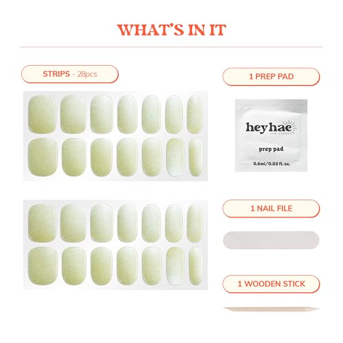 Semi Cured Gel Nail Strips | No LED Lamp Needed | Summer, Chrome, Green | Easy Apply & Remove, Salon Quality | Includes 28 Strips, 1 Prep Pads, Nail File & Wooden stick - Hey, Pistachio Crush