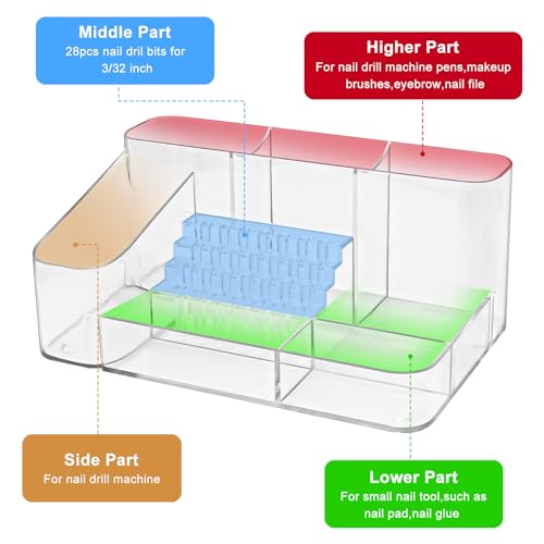 ANRUI Nail Drill Holder, 28 Holes Acrylic Nail Drill Bit Holder, Professional Nail Drill Organizer Case and Storage Box for Manicure Tools - Transparent (Not included Tools)