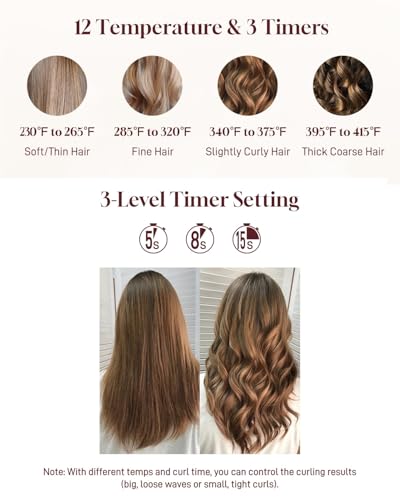 Automatic Curling Iron Hair Curler - HITTIONA Rotating Curling Iron Wand 1 Inch with 12 Temps 3 Timer, Anti-Scald, Anti-Tangle Hair Wand Curlers for Lasting Curls Waves, Dual Voltage (Pink+Purple)