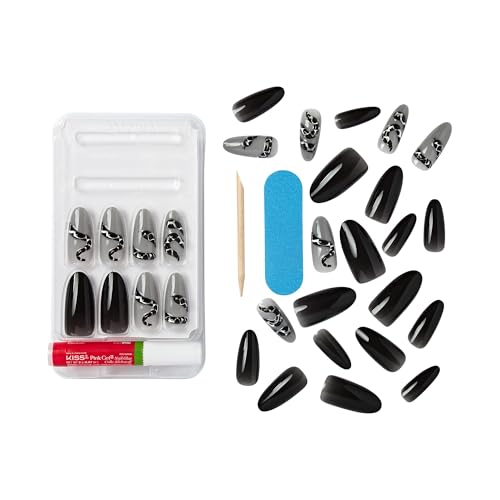 KISS Gel Fantasy 28 Pcs Press On Nails, Long Almond Fake Nails, Black Grey Snake Design Stick On Extensions, Reusable Full Cover Kit with Glue, Manicure Stick & File, 7 Day Wear, Vegan & Cruelty Free