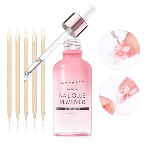 Makartt Press on Nail Glue Remover: 50ML Quick Glue Debonder | Easy Removal with a Dropper Applicator | Updated Formula with Vitamin E | No Acetone/Hema | For Fake Nails,Semicure Stickers,Large