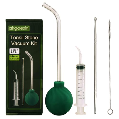 Airgoesin 3-In-1 Tonsil Stone Removal Remover Kit, Tonsil Stone Vacuum Suction Kit, Long Tonsil Stone Stainless Steel Pick 18cm/ 7” with Protection Cap, Curved Oral Irrigation Syringe 12ml with Scale