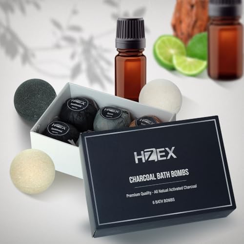 Bath Bombs, HZEX 6 Large Natural Luxury Charcoal Bathbomb Fizzes for Men Women, Organic Bath Bomb with Essential Oils and Shea Butter, Stress Relief and Relaxation, Detox with Charcoal Bathbombs