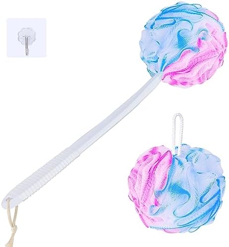 VANZAVANZU Loofah Sponge Set Loofah Exfoliating Body Scrubber, Anti-Slip Plastic 17" Handle Loofah on a Stick with Fluffy Shower Sponge, PE Soft Mesh Shower Loofahs-White with Blue Pink Edge