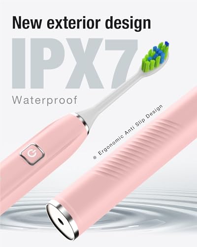 7AM2M Sonic Electric Toothbrush with 6 Brush Heads for Adults&Kids, One Charge for 120 Days, Wireless Fast Charge, 5 Modes, 40000VPM Powered Toothbrush, 2 Minutes Built in Smart Timer -Pink