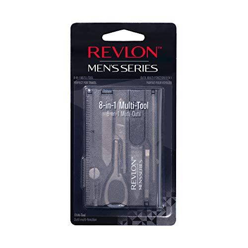 Revlon Men's Series 8 in 1 Multi Tool, 8 Pc Travel Grooming Kit includes Stainless Steel Scissors, Tweezers, Nail File, Reusable Toothpick, LED Light, Ruler, Knife, and Pen